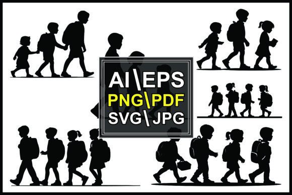 Children Walking Backpack Silhouettes for Embroidery