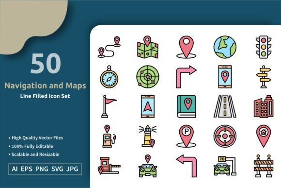 Embroidery Review: 50 Vector Navigation Map Filled Icons